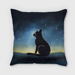 Подушка квадратная Черный кот и звезды - акварель