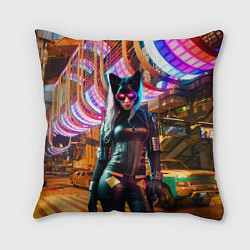 Подушка квадратная Девчонка-кошка в ночном городе - киберпанк, цвет: 3D-принт