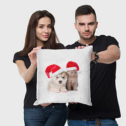 Подушка квадратная Пёсик и котик в шапочках, цвет: 3D-принт — фото 2