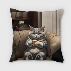 Подушка квадратная Кот сидит на диване с напитком, цвет: 3D-принт
