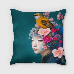 Подушка квадратная Японка с птицей на фоне цветущей сакуры