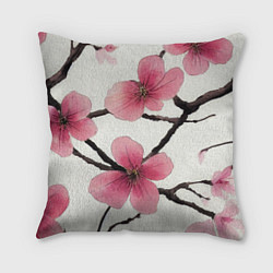Подушка квадратная Цветы и ветви японской сакуры - текстура холста