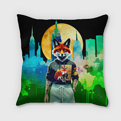 Подушка квадратная Лис на фоне луны - ночной Нью-Йорк, цвет: 3D-принт