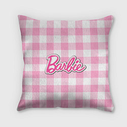 Подушка квадратная Барби лого розовая клетка