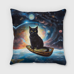 Подушка квадратная Черный кот на космическом корабле летящий в космос