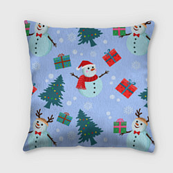 Подушка квадратная Снеговики с новогодними подарками паттерн