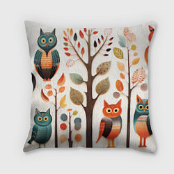 Подушка квадратная Совы в осеннем лесу в стиле фолк-арт, цвет: 3D-принт