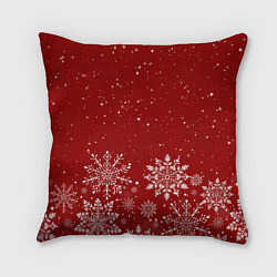 Подушка квадратная Текстура снежинок на красном фоне