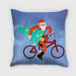 Подушка квадратная Дед Мороз на велосипеде с елкой
