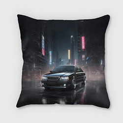 Подушка квадратная Черный автомобиль в ночном городе, цвет: 3D-принт