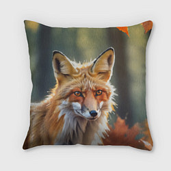 Подушка квадратная Портрет лисы с осенними листьями, цвет: 3D-принт