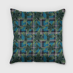 Подушка квадратная Листья остролиста на голубой шотландке, цвет: 3D-принт