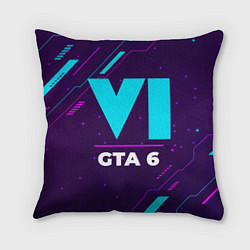 Подушка квадратная Символ GTA 6 в неоновых цветах на темном фоне