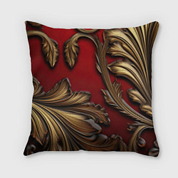 Подушка квадратная Золотые объемные листья на красном фоне, цвет: 3D-принт