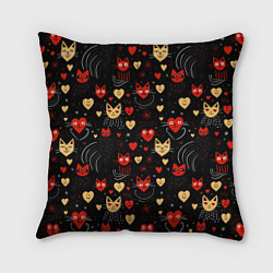 Подушка квадратная Паттерн с сердечками и котами валентинка