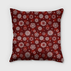 Подушка квадратная Snowflakes on a red background