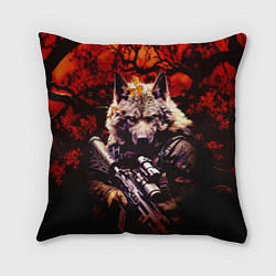 Подушка квадратная Волк солдат в красном лесу
