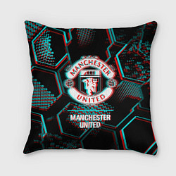 Подушка квадратная Manchester United FC в стиле glitch на темном фоне