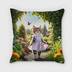 Подушка квадратная Кошка в летнем платье в саду, цвет: 3D-принт