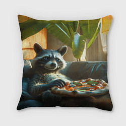 Подушка квадратная Енот ест пиццу на диване