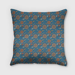Подушка квадратная Цветочный узор в стиле бохо на синем