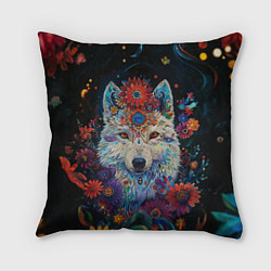 Подушка квадратная Белый волк с цветами акварелью