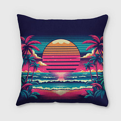Подушка квадратная Закат на пляже vaporwave, цвет: 3D-принт