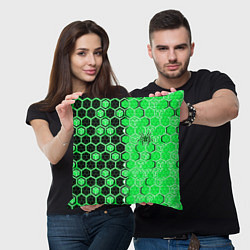 Подушка квадратная Техно-киберпанк шестиугольники зелёный и чёрный с, цвет: 3D-принт — фото 2