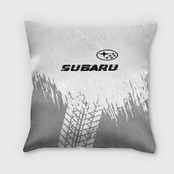 Подушка квадратная Subaru speed на светлом фоне со следами шин посере, цвет: 3D-принт