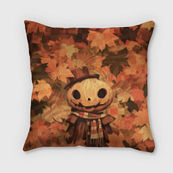 Подушка квадратная Тыквенный Джек в осенних листьях, цвет: 3D-принт