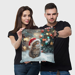 Подушка квадратная Новогодний котенок и снег, цвет: 3D-принт — фото 2