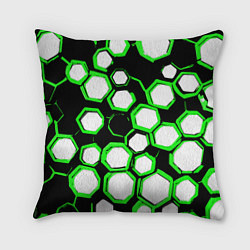 Подушка квадратная Бело-зелёные шестиугольники на чёрном фоне, цвет: 3D-принт