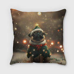 Подушка квадратная Мопс в костюме елки, цвет: 3D-принт