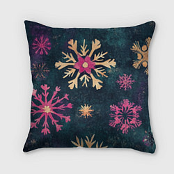 Подушка квадратная Новогодние разноцветные снежинки