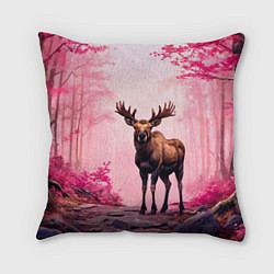 Подушка квадратная Лось в розовом лесу, цвет: 3D-принт