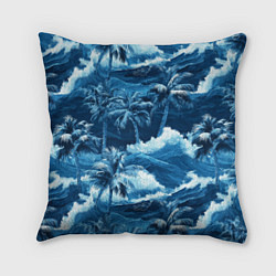 Подушка квадратная Пальмы и волны - голубые оттенки паттерн, цвет: 3D-принт