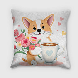 Подушка квадратная Поздравляющий корги с цветами, цвет: 3D-принт