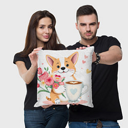 Подушка квадратная Поздравляющий корги с цветами, цвет: 3D-принт — фото 2