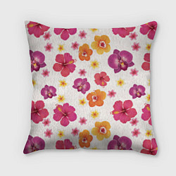 Подушка квадратная Тропический букет - узор с яркими гибискусами и ор, цвет: 3D-принт