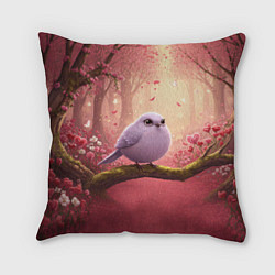 Подушка квадратная Сиреневая птица в розовом цветущем лесу, цвет: 3D-принт