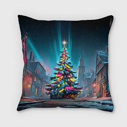 Подушка квадратная Новогодняя елка в гирляндах, цвет: 3D-принт