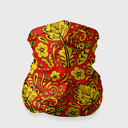 Бандана-труба Хохломская роспись золотистые цветы на красном фон, цвет: 3D-принт