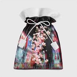 Подарочный мешок Ветка сакуры на фоне ночного Токио - glitch
