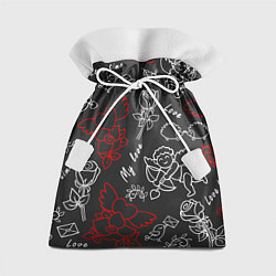 Мешок для подарков Летающие сердца купидоны розы на черном фоне, цвет: 3D-принт
