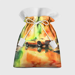 Подарочный мешок Машина на оранжево зеленом фоне акварель