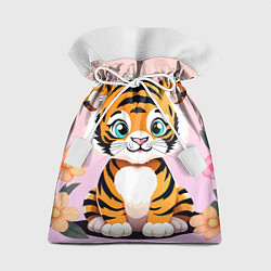 Мешок для подарков Милый тигренок с цветами на фоне, цвет: 3D-принт