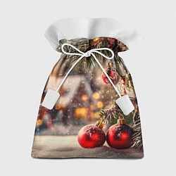 Подарочный мешок Елочные шарики на фоне домов - нейросеть