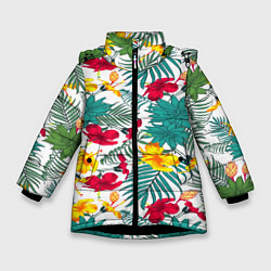 Куртка зимняя для девочки Тропический узор, цвет: 3D-черный