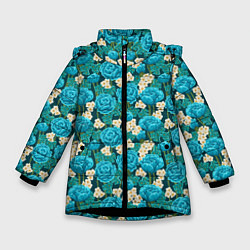 Куртка зимняя для девочки Голубые розы, цвет: 3D-черный