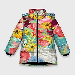 Куртка зимняя для девочки Букет цветов, цвет: 3D-черный